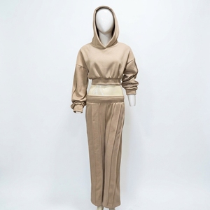 Ensemble de survêtement beige uni à capuche pour femme, haut à manches longues et pantalon long, tenue décontractée d'automne - Product Image 1