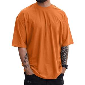Camiseta de algodón naranja extragrande para hombre, cuello redondo, manga corta, color liso, informal, de punto. - Product Image 1