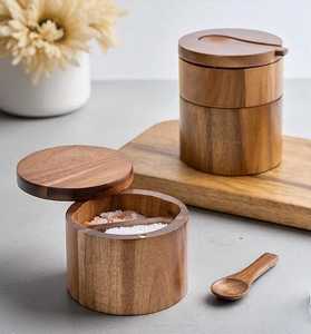 Salero de madera hecho a mano con tapa giratoria y cuchara |   Caja de Almacenamiento Doble de Madera para Sal y Pimienta |   Fabricante OEM al por Mayor - Product Image 4