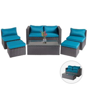 Set da Giardino: 2 Divani Senza Braccioli, 2 Poggiapiedi, 1 Divano Doppio, 1 Tavolino da Caffè in Rattan Nero con Cuscini Verde Pavone - Product Image 1