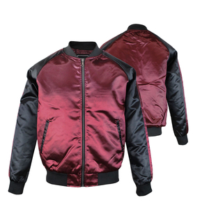 Men's Maroon Satin Waterproof Vintage Stand Collar Bomber Jacket Black Accents <b>Covered</b> <b>Button</b> Closure Casual Style Winter Wear - Product Image 1