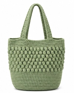Sac fourre-tout en crochet bleu, couleur unie, style bohème, ouvert, pour la plage, sac à main d'été pour femme - Product Image 3