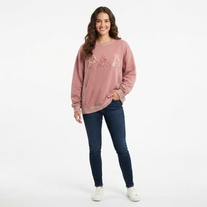 Sudadera de cuello redondo para mujer, azul con apliques a cuadros, letras griegas, manga gris, corte regular, para otoño - Product Image 6