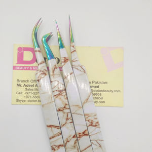 Pinzas de extensión de pestañas de mármol blanco con puntas de arcoíris con logotipo personalizado, herramienta de maquillaje de acero inoxidable, aplicador de pestañas - Product Image 1