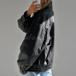 Chaqueta Oversize de Moda para Mujer con Cremallera, Chaqueta de Cuero Genuino de Color Sólido para Mujer - Product Image 4