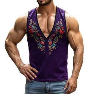 Débardeur Homme Personnalisé Brodé Col V Profond Style Musculaire Sans Manches Tendance Streetwear Décontracté Prix de Gros - Product Image 6