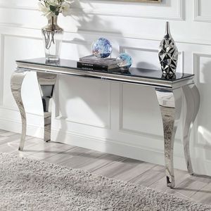 Mesa Consola Contemporánea Glamorosa de 1 Pieza con Tapa de Vidrio Negro y Patas de Acero Inoxidable Plateado Estilo Cabriole para Sala de Estar - Product Image 1