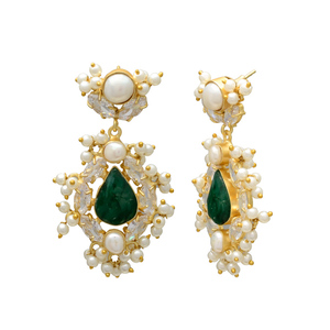Boucles d'oreilles pendantes de mariage pour femme, en laiton plaqué or 24 carats, avec émeraude, saphir, perle naturelle, style vintage chrétien, magnifiques et imposantes - Product Image 2