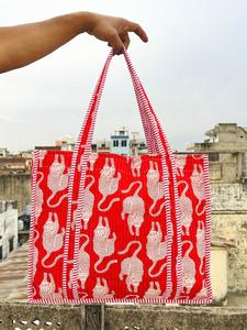 Oversized Large Quilted Weekend Tote <b>Bag</b> - Cotton Block Printed <b>Overnight</b> <b>Bag</b> Grocery Shopping Travel Handmade <b>Bags</b> For Women - Product Image 4