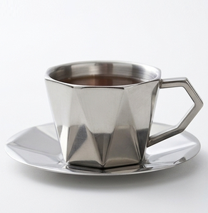 Grande tasse à thé en acier inoxydable avec soucoupe et anse, tasse à café en métal argenté - Product Image 5