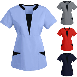 Unisex Light Blue V-Neck <b>Scrub</b> <b>Set</b> with Black Trim and Pockets Cotton Chiffon Woven Hospital Uniform Needle Detection - Product Image 3