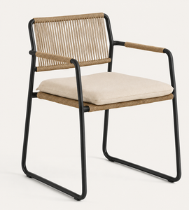 Silla de Exterior Ligera, Ecológica y Minimalista de Diseño Moderno con Respaldo de Ratán, Asiento con Estructura de Acero y Cojín Beige Cómodo - Product Image 1