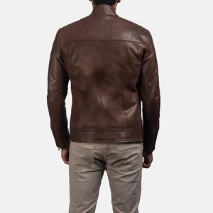 Veste en cuir véritable matelassée marron slim fit pour homme, style moto caf racer, avec col montant, fermeture éclair et doublure en polyester - Product Image 3