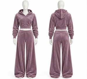 Ensemble de survêtement pour femme en velours rouge, avec haut court zippé à capuche et pantalon large, deux pièces, 100% coton anti-boulochage, hiver - Product Image 6