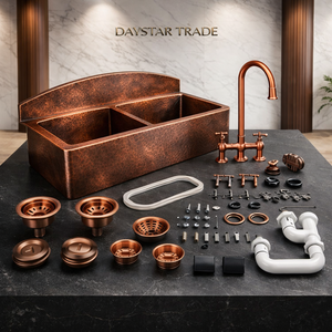Évier de cuisine Daystar Trade en cuivre martelé fait main, double bac, quatre trous, à encastrer, surface brossée, facile à nettoyer - Product Image 4