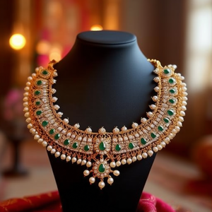 Parure de collier élégante en zircon plaqué or avec pierres Pota et perles, design raffiné pour occasions nuptiales - 10575445PGR - Product Image 3