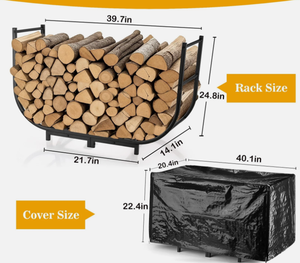 Support à bois de chauffage incurvé avec couvercle ou porte-bûches en métal avec protection contre les intempéries, support de rangement pour bois de chauffage en métal noir avec couvercle imperméable - Product Image 2