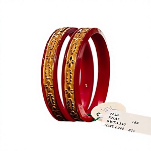 22K Solid Gold <b>Red</b> Coral Pola Bangles Traditional Indian Bengali Jewelry For Women Genuine Gold Inlaid <b>Red</b> Resin <b>Bracelet</b> - Product Image 2