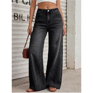 Pantalon en jean décontracté taille haute vintage noir à jambe large et coupe ample pour femme, personnalisable avec logo, style streetwear, vente en gros - Product Image 2