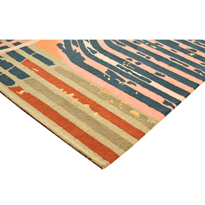 Tapis moderne en laine et viscose tufté à la main, motif géométrique abstrait rayé, blanc crème gris clair, à boucles haute densité - Product Image 4