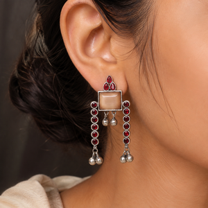 Pendientes Jhumka Clásicos con Colgante de Campana de Piedra Monalisa Oxidada, Chapados en Plata Antigua sobre Latón, Joyería Étnica de Moda para Mujer, Venta al por Mayor - Product Image 2