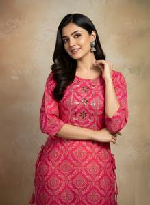 Kurti Moderno Recto de Algodón Estampado Rosa Rani para Mujer, Cuello Redondo, Manga 3/4, Largo Regular, Ropa Étnica, Túnica para Fiesta de Verano - Product Image 2