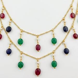 Collar Personalizado Chapado en Rodio con Cuentas de Piedras Preciosas Multicolores, Cadena de Perlas de Dos Niveles con Flecos, Joyería de Lujo para Novia - Product Image 3