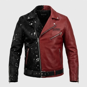 Custom Mens Genuine Cowhide <b>Leather</b> <b>Jacket</b> Half Textured Spotted Fur Biker Outerwear Motorcycle Coat Splice Zipper <b>Blazer</b> - Product Image 1