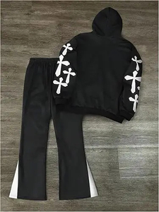 Ensemble de survêtement unisexe noir OEM en gros, avec capuche, fermeture éclair, manches longues, broderie étoile croisée, style streetwear décontracté - Product Image 6