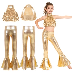 6-16 Kids Girls <b>Sequin</b> Jazz Dance Costumes Performance Costume <b>Crop</b> <b>Top</b> With Bell-Bottom Metallic Pants For Stage Shows Parties - Product Image 5