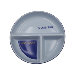 Assiette ronde en céramique à 3 compartiments avec impression « Good Time », plateau de service minimaliste bleu et blanc - Product Image 4