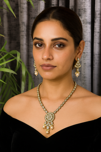 Gold Plated Moissanite Necklace and Earring <b>Set</b> with <b>Pearl</b> Accent Vintage Fashion <b>Jewelry</b> for Women's Wedding Occasion - Product Image 1