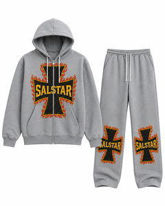 SALSTAR Grey Hooded Tracksuit Set <b>Full</b> <b>Zip</b> <b>Sweatshirt</b> Jogger Pants Casual Cotton Autumn Wear Winter - Product Image 1