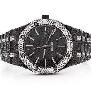 Reloj de Pulsera de Acero Inoxidable con Movimiento de Cuarzo, Esfera Negra, Diamantes VVS y Moissanita para Hombre, en Oferta a Bajo Precio - Product Image 1