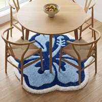 Premium Woll-Teppich mit Blauem Hibiskus-Blumenmuster, Handgetuftet, Rutschfest, Geometrisches Design für Wohnzimmer, Schlafzimmer und Heimdekoration