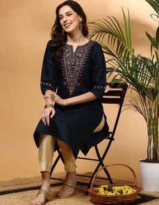 Women Navy Blue Embroidered Work Viscose Rayon Kurtis Midi Length Loose Fit Traditional Indian Pakistani Casual Wear Kurtis - Product Image 1