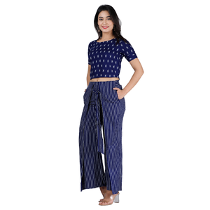 Ensemble 2 pièces pour femmes, haut court imprimé, pantalon palazzo rayé, manches courtes, col rond, coupe régulière, décontracté, printemps-été - Product Image 1