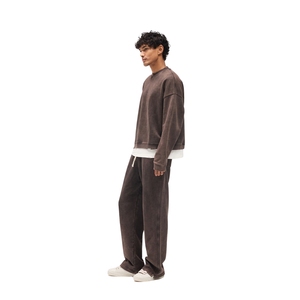 Men's Brown Washed Matching Set Oversized Crewneck <b>Flare</b> <b>Sweatpants</b> Fleece Co-ord Set <b>Wholesale</b> - Product Image 2