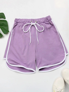 Short décontracté rose pour femme, couleur unie, taille élastique avec cordon de serrage, coupe ample, en coton tricoté respirant, style taille mi-haute - Product Image 4