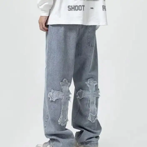 <b>Wide</b> <b>Leg</b> Distressed Denim <b>Jeans</b> With Embroidered Cross Patches Loose Fit Streetwear Style Cotton <b>Men's</b> Pants Spring Wear - Product Image 4