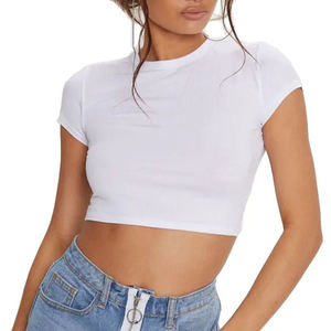 Camiseta Corta Blanca para Mujer, Cuello Redondo, Manga Corta, Corte Ajustado, Informal, 100% Algodón Jersey, Transpirable, Primavera Verano - Product Image 3
