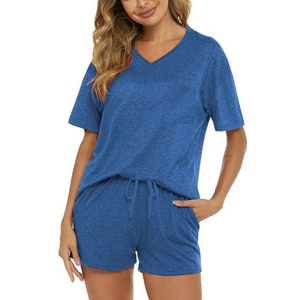 <b>Women's</b> 2 Piece <b>Shorts</b> Set Blue Knitted V Neck <b>Short</b> Sleeve Loose Fit Casual Solid Color Above <b>Knee</b> <b>Length</b> 100% Cotton - Product Image 4