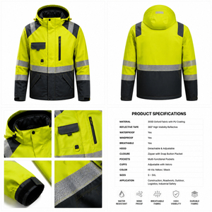 Veste de sécurité haute visibilité imperméable réfléchissante à capuche fluorescente, manteau d'hiver haute qualité avec détection de métal - Product Image 4