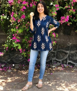 Kurta Azul Estampada para Mujer, de Rayón, Corte Holgado, Largo Midi, Estilo Casual, Manga Tres Cuartos, Cuello en V, Prenda India para Uso Diario, Top Elegante - Product Image 1
