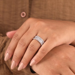 Emerald & Round Cut Diamond Eternity Band <b>Ring</b> in White Gold | Luxury Full Diamond <b>Statement</b> <b>Ring</b> for Wedding & Anniversary - Product Image 1