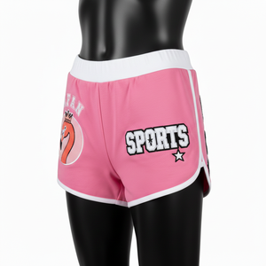 Shorts de poliéster y spandex premium de 240 GSM, color rosa, con paneles de ribete blanco y logotipo bordado. - Product Image 4