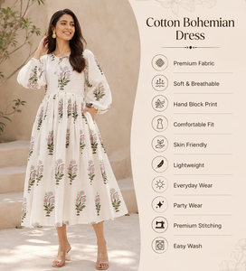 Vestido Largo Kaftán Bohemio de Algodón 100% con Estampado Floral de Jaipur, Holgado, Natural, Transpirable, para Mujer, Verano, Playa, Resort - Product Image 2
