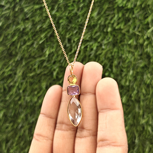 Wholesale 18k gold plated citrine amethyst crystal quartz briolette pendant checker cut stone necklace brass <b>cable</b> chain jewelry - Product Image 3