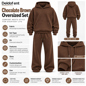 Ensemble de survêtement d'hiver pour homme, marron, à capuche, coupe classique, couleur unie, 100% coton, pantalon à cordon de serrage, poches latérales - Product Image 6