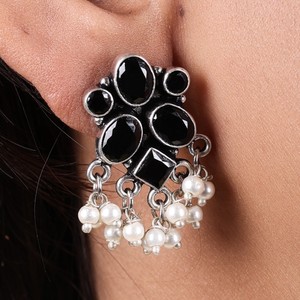 Oxidized <b>Silver</b> Black Stone <b>Dangle</b> <b>Earrings</b> with Pearl Drops Wholesale Bulk | Indian Ethnic ChandBali Style Jewelry | - Product Image 2